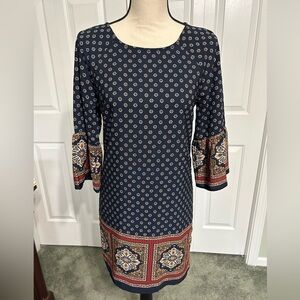 Bohemian Retro Forever 21 Navy Blue Red Floral Mandala Pattern Shift Dress XS